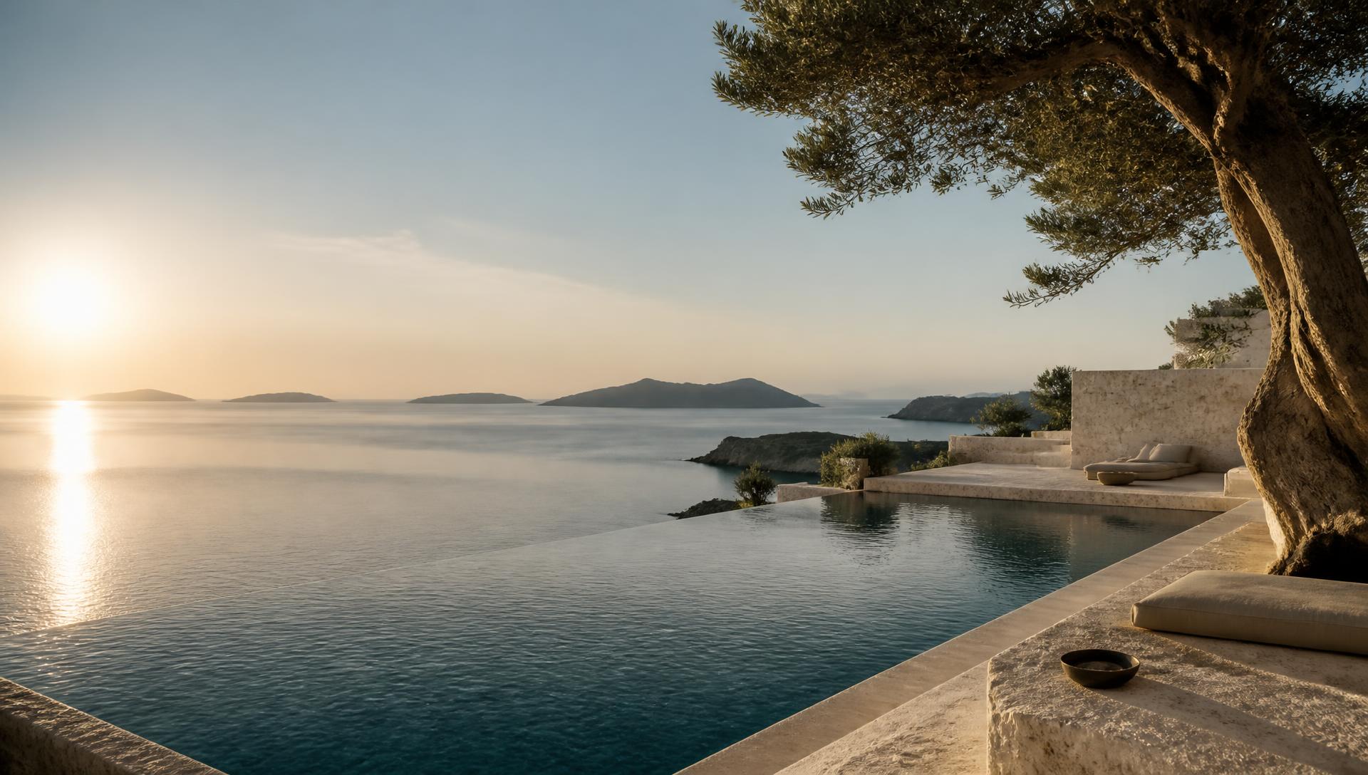 Αυγή στο Αιγαίο, με ελιά και πέτρινη αρχιτεκτονική